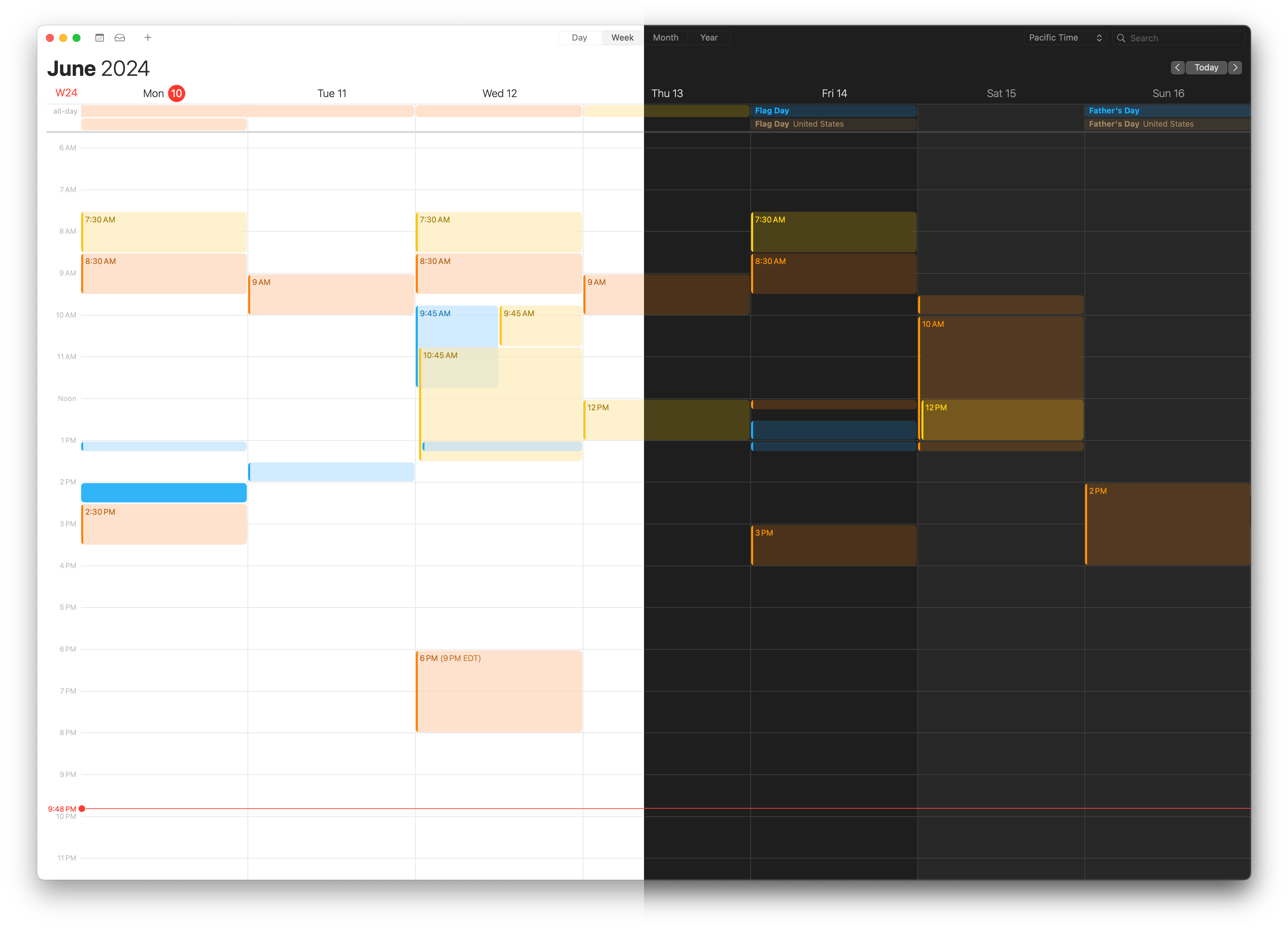 Calendar.app screenshot showing both light and dark themes