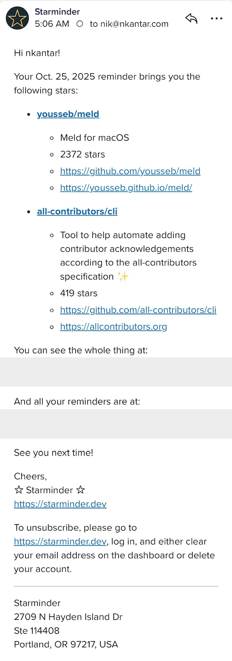 screenshot of Starminder email
