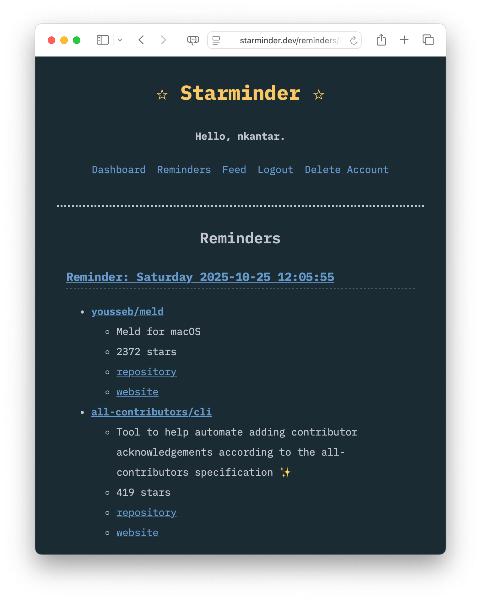 screenshot of Starminder web page